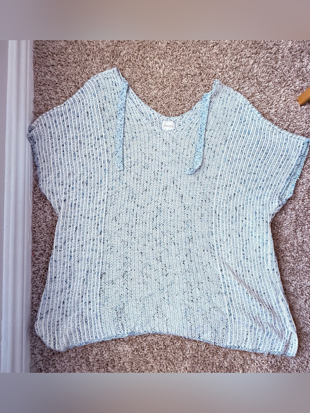 Chico's Manali Knit Sweater Top Womens Size 3 US XL Blue Pullover Short Sleeve